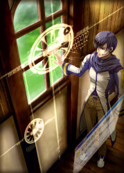 Rule 34 | 1boy, blue eyes, blue hair, blue scarf, from above, full body, headset, indoors, kaito (vocaloid), male focus, matching hair/eyes, scarf, short hair, solo, standing, tamara, vocaloid, window, wooden floor