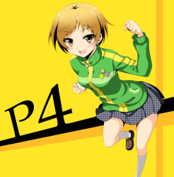 Rule 34 | 1girl, atlus, badge, brown eyes, brown hair, copyright name, jacket, legs, looking at viewer, miniskirt, open mouth, persona, persona 4, pleated skirt, satonaka chie, shoes, short hair, skirt, smile, socks, track jacket, violetshit, yellow background