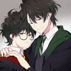 Rule 34 | 2boys, brown hair, glasses, green eyes, harry potter, harry potter (series), male focus, multiple boys, red eyes, shirt, tom marvolo riddle, wizarding world, yaoi