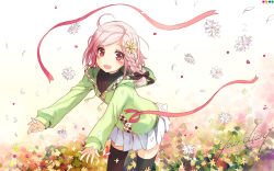 Rule 34 | 1girl, :d, black thighhighs, blouse, blush, braid, clothes lift, copyright name, cowboy shot, english text, eyelashes, field, flower, flower field, h2so4, highres, hood, hoodie, long sleeves, looking at viewer, miniskirt, open mouth, pink eyes, pink hair, pleated skirt, ribbon, shirt, skirt, skirt lift, smile, solo, standing, thighhighs, white shirt, white skirt, your diary, yua (your diary), zettai ryouiki