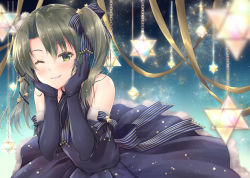 Rule 34 | 1girl, ;d, alternate costume, bare shoulders, black dress, blue bow, blue ribbon, blush, bow, chain, dress, green eyes, green hair, grin, hair bow, hair ornament, hands on own cheeks, hands on own face, hands up, kantai collection, leaning forward, long hair, looking at viewer, minakami nagara, neck ribbon, one eye closed, open mouth, ribbon, sleeveless, sleeveless dress, smile, solo, star (symbol), star hair ornament, twintails, zuikaku (kancolle)