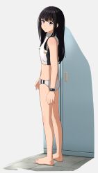 Rule 34 | 1girl, absurdres, barefoot, black hair, commentary request, crop top, from side, full body, highres, inoue takina, long hair, looking at viewer, looking to the side, lycoris recoil, purple eyes, simple background, solo, sports bra, sportswear, standing, tbear, watch, white background, white sports bra, wristwatch