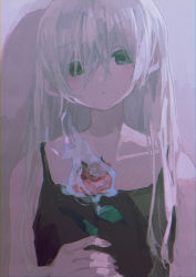 Rule 34 | 1girl, bare arms, black camisole, camisole, closed mouth, collarbone, commentary request, expressionless, flower, green eyes, head tilt, highres, holding, holding flower, long hair, looking at viewer, original, potg (piotegu), red flower, red rose, rose, signature, smoke, solo, upper body, white hair