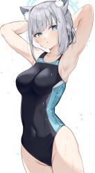 Rule 34 | 1girl, animal ear fluff, animal ears, armpits, arms behind head, arms up, bare shoulders, blue archive, blue eyes, blue one-piece swimsuit, blush, breasts, collarbone, covered navel, cross hair ornament, extra ears, grey hair, hair ornament, halo, highleg, highleg swimsuit, highres, looking at viewer, medium breasts, medium hair, multicolored clothes, multicolored swimsuit, norisukexxy, official alternate costume, one-piece swimsuit, presenting armpit, shiroko (blue archive), shiroko (swimsuit) (blue archive), short ponytail, sidelocks, solo, swimsuit, thighs, wet, wolf ears