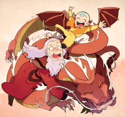 Rule 34 | 2boys, aang, avatar: the last airbender, avatar legends, bald, beard, closed eyes, dragon, facial hair, full body, grey hair, long hair, long sleeves, male focus, multiple boys, old, old man, open mouth, outstretched arms, red robe, robe, roku (avatar), shirt, t k g, yellow eyes, yellow shirt