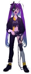 Rule 34 | 1girl, bad id, bad twitter id, belt, belt buckle, black footwear, black jacket, blue eyes, bow, bracelet, buckle, chain, collarbone, english text, forked tongue, full body, hair ribbon, heterochromia, highres, holding, holding belt, holding chain, jacket, jewelry, kamameshi gougoumaru, long hair, looking at viewer, multicolored hair, navel, open mouth, original, pants, purple eyes, purple hair, purple tongue, ribbon, shirt, shoelaces, shoes, solo, standing, stitches, teeth, tongue, tongue out, torn clothes, torn pants, torn shirt, twintails, very long hair, yellow legwear, zombie
