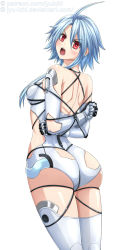 Rule 34 | 1girl, ahoge, angry, ass, back, backless outfit, bare shoulders, bdsm, blanc (neptunia), blue hair, blush, bondage, boots, bound, breasts, elbow gloves, gloves, huge ass, jyu ichi, jyuichi, leotard, looking at viewer, looking back, neptune (series), open mouth, red eyes, shiny clothes, shiny skin, short hair with long locks, sideboob, solo, thigh boots, thighhighs, torn clothes, white heart (neptunia)