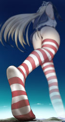 Rule 34 | 1girl, arms up, ass, bare arms, black panties, blonde hair, blue skirt, blurry, breasts, city, cloud, depth of field, destruction, elbow gloves, feet, fingers together, from below, giant, giantess, gloves, hair ribbon, highres, kantai collection, long hair, miniskirt, mountain, no shoes, ocean, panties, pleated skirt, rakia (ds00309), red thighhighs, ribbon, sailor collar, shimakaze (kancolle), skirt, small breasts, soles, solo, striped clothes, striped thighhighs, thighhighs, thong, underwear, white gloves, white thighhighs