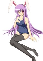 Rule 34 | 1girl, animal ears, breasts, campbell (pixiv), campbell gichou, female focus, highres, legs together, long hair, one-piece swimsuit, purple hair, rabbit ears, red eyes, reisen udongein inaba, school swimsuit, simple background, solo, swimsuit, thighhighs, touhou, white background