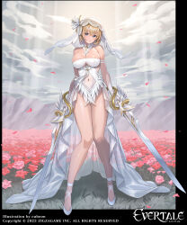 Rule 34 | 1girl, bare shoulders, blonde hair, blue eyes, breasts, character request, commentary request, copyright name, covered navel, cuboon, elbow gloves, evertale, falling petals, flower, gloves, highres, holding, holding sword, holding weapon, lancelot (evertale), large breasts, looking at viewer, official art, outdoors, outside border, parted lips, petals, see-through, short hair, solo, standing, sunlight, sword, thighs, weapon, white footwear, white gloves, white headwear