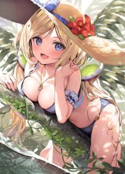 Rule 34 | 1girl, :d, aki rosenthal, arm garter, bikini, blonde hair, blue bikini, blue eyes, breasts, brown hat, caustics, flower, hat, hololive, jewelry, large breasts, long hair, looking at viewer, lying, nature, necklace, o-ring, o-ring bikini, on stomach, open mouth, parsley-f, partially submerged, partially underwater shot, smile, solo, straw hat, swimsuit, twintails, underwater, very long hair, virtual youtuber, water