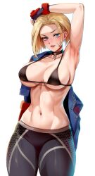 Rule 34 | 1girl, absurdres, arm up, armpits, bare shoulders, black bra, black gloves, black pants, blonde hair, blue eyes, blue jacket, blush, bra, breasts, cammy white, cleavage, collarbone, cowboy shot, facial scar, fingerless gloves, foxyreine, gloves, highres, jacket, large breasts, linea alba, looking at viewer, navel, open clothes, open jacket, pants, parted lips, scar, scar on cheek, scar on face, short hair, solo, street fighter, street fighter 6, thighs, tight clothes, tight pants, toned, underwear, v-shaped eyebrows