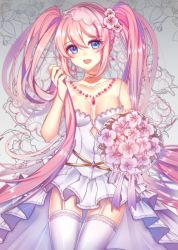 Rule 34 | 1girl, argyle, argyle clothes, argyle cutout, blue eyes, bouquet, breasts, cleavage, clothing cutout, collarbone, cowboy shot, cutout above navel, dress, earrings, flower, garter straps, hair between eyes, hair flower, hair ornament, hatsune miku, holding, holding bouquet, holding own hair, itsuki (yishu), jewelry, long hair, looking at viewer, medium breasts, necklace, open mouth, pink flower, pink hair, pleated dress, shiny clothes, shiny skin, short dress, sleeveless, sleeveless dress, solo, standing, strapless, strapless dress, thighhighs, twintails, very long hair, vocaloid, white dress, white thighhighs