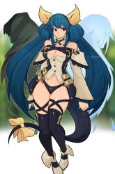 Rule 34 | 1girl, absurdres, angel wings, asymmetrical wings, bare shoulders, belt, black panties, black thighhighs, blue hair, breasts, cleavage, cleavage cutout, clothing cutout, collarbone, dizzy (guilty gear), full body, guilty gear, guilty gear xrd, hair ribbon, hair rings, highres, large breasts, mature female, midriff, monster girl, navel, necro (guilty gear), panties, red eyes, ribbon, sidelocks, smgold, solo, tail, tail ornament, tail ribbon, thick thighs, thighhighs, thighs, twintails, twitter username, underwear, undine (guilty gear), wings, yellow ribbon