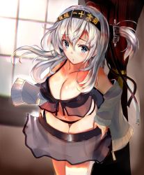Rule 34 | 1girl, bikini, black bikini, blue eyes, blush, breasts, cleavage, clothes writing, collarbone, cowboy shot, curtains, day, eriyama e, grey jacket, hachimaki, hair between eyes, headband, indoors, jacket, kantai collection, large breasts, leaning forward, long hair, looking at viewer, navel, one side up, open clothes, open jacket, open mouth, see-through, sidelocks, silver hair, skirt, solo, stomach, suzutsuki (kancolle), swimsuit, thighs, undressing, window, zipper