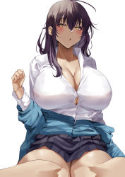 Rule 34 | 1girl, :o, absurdres, alternate costume, black hair, black skirt, blue archive, blue jacket, blush, breasts, cleavage, collared shirt, commentary request, dark-skinned female, dark skin, hand up, highres, jacket, karin (blue archive), large breasts, long hair, long sleeves, looking at viewer, namazu (yamasonson), open mouth, pleated skirt, shirt, simple background, skirt, solo, thighs, white background, white shirt, yellow eyes