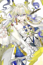 Rule 34 | 1girl, :d, absurdres, arknights, beads, blonde hair, blue hair, chinese commentary, commentary request, dragon girl, dragon horns, earrings, frederica (lanshimengyan), hand up, highres, horns, jacket, jewelry, long hair, long sleeves, looking at viewer, multicolored hair, necklace, open clothes, open jacket, open mouth, pointy ears, purple eyes, shu (arknights), sketch, smile, solo, watermark, white hair, white jacket, yellow eyes
