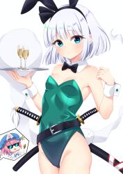 2girls absurdres animal_ear_hairband animal_ears belt black_belt black_bow black_bowtie blue_eyes bow bowtie breasts casino_card_table champagne_flute cipher_(user_watm8555) covered_navel cup detached_collar drinking_glass fake_animal_ears green_leotard hairband highres hitodama katana konpaku_youmu konpaku_youmu_(ghost) leotard looking_at_viewer multiple_girls pantyhose playboy_bunny rabbit_ears rabbit_tail saigyouji_yuyuko scabbard sheath short_hair simple_background small_breasts solo_focus strapless strapless_leotard sword table tail touhou tray weapon white_background white_hair wrist_cuffs