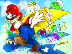 Rule 34 | 1boy, blue eyes, brown hair, cape mario, day, dinosaur, egg, facial hair, feathers, gloves, grin, looking at another, looking at viewer, mario, mario (series), mustache, nintendo, overalls, power-up, smile, super mario world, yoshi