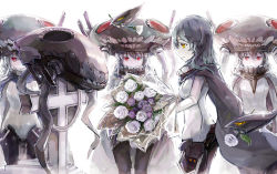 Rule 34 | 10s, 4girls, abyssal ship, bodysuit, bouquet, cape, cross, flower, funeral, gloves, unworn headwear, kantai collection, monster, multiple girls, pale skin, personification, red eyes, silver hair, spark (sandro), tombstone, turret, wo-class aircraft carrier, yellow eyes