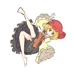 Rule 34 | 1girl, aki minoriko, bare legs, barefoot, black bow, black bowtie, black dress, blonde hair, bow, bowtie, closed mouth, dress, falling, frilled dress, frills, full body, green dress, hat, highres, layered dress, long sleeves, looking at viewer, mob cap, multicolored clothes, multicolored dress, one-hour drawing challenge, orange dress, primsla, red eyes, red hat, short hair, simple background, solo, touhou, upskirt, white background, wide sleeves