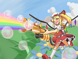 Rule 34 | 1girl, ascot, blonde hair, bubble, cloud, crossover, day, closed eyes, flandre scarlet, hat, hat ribbon, open mouth, parody, pyro (tf2), rainbow, ribbon, short hair, side ponytail, skirt, sky, smile, solo, team fortress 2, touhou, wings, zassou maruko