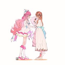 Rule 34 | 2girls, aoi tete, artist logo, ascot, boots, bouquet, bow, braid, brown hair, closed eyes, commentary, cure prism, dress, elbow gloves, flower, french braid, from side, giving, gloves, green eyes, hair bow, hair ornament, happy tears, highres, hirogaru sky! precure, holding, holding bouquet, holding microphone, kakuma ai, knee boots, layered dress, long dress, long hair, looking at another, magical girl, microphone, mole, mole under eye, multiple girls, nijigaoka mashiro, open mouth, pink hair, precure, real life, short dress, short sleeves, side braids, simple background, sleeveless, sleeveless dress, smile, standing, tearing up, tears, very long hair, voice actor connection, white ascot, white background, white bow, white dress, white gloves