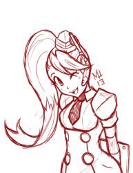 Rule 34 | 1girl, ;), arms behind back, call (mighty no. 9), call e, garrison cap, hat, headset, highres, long hair, marshu, mighty no. 9, monochrome, necktie, one eye closed, puffy short sleeves, puffy sleeves, short sleeves, side ponytail, sketch, smile, solo, wink