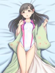 Rule 34 | 1girl, bed sheet, black eyes, black hair, blush, braid, cherry blossom print, collarbone, commentary request, competition swimsuit, floral print, flower, french braid, green kimono, hair flower, hair ornament, highres, idolmaster, idolmaster cinderella girls, isaki (gomi), japanese clothes, kimono, kobayakawa sae, legs together, long hair, looking at viewer, lying, on bed, one-piece swimsuit, open mouth, raised eyebrows, skin tight, solo, swimsuit, swimsuit under clothes, thigh gap, white one-piece swimsuit