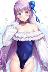 Rule 34 | 1girl, :o, bad id, bad pixiv id, bare shoulders, blue choker, blue one-piece swimsuit, blue ribbon, blush, breasts, casual one-piece swimsuit, choker, cleavage, collarbone, covered navel, fate/grand order, fate (series), frilled sleeves, frilled swimsuit, frills, groin, hair ribbon, head tilt, highleg, highleg swimsuit, highres, kubong, long hair, long sleeves, looking at viewer, meltryllis, meltryllis (fate), meltryllis (swimsuit lancer) (fate), meltryllis (swimsuit lancer) (second ascension) (fate), one-piece swimsuit, open mouth, puffy long sleeves, puffy sleeves, purple hair, ribbon, sleeves past wrists, small breasts, solo, swimsuit, thigh gap, very long hair, water drop