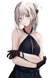 Rule 34 | 1girl, absurdres, an-94 (girls&#039; frontline), bare shoulders, black dress, black gloves, blue eyes, closed mouth, collarbone, commentary, crossed arms, dress, girls&#039; frontline, gloves, grey hair, hair between eyes, halter dress, halterneck, highres, long hair, looking at viewer, satsumaagee, simple background, sleeveless, sleeveless dress, solo, white background