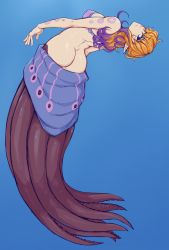 Rule 34 | 1girl, absurdres, arched back, ass, blue background, blue eyes, bra, breasts, butt crack, closed mouth, full body, highres, ittla, looking at viewer, medium hair, monster girl, monster girl encyclopedia, multicolored hair, orange hair, pointy ears, purple hair, scylla, scylla (monster girl encyclopedia), second-party source, sideways glance, simple background, solo, submerged, suction cups, swimming, tentacles, underwater, underwear