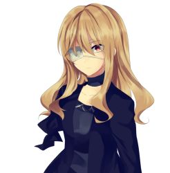 Rule 34 | 1girl, bad id, bad pixiv id, black jacket, black shirt, blonde hair, character request, choker, collarbone, eyepatch, jacket, long hair, long sleeves, looking at viewer, lor (roasyerizyonirapi), open clothes, open jacket, red eyes, shirt, simple background, solo, standing, upper body, white background