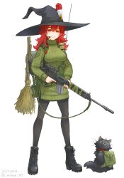 Rule 34 | 1girl, artist name, assault rifle, backpack, bag, battle rifle, bedroll, belt, belt pouch, black cat, black headwear, black pantyhose, boots, breasts, united kingdom, british army, broom, cat, combat boots, commentary request, dated, field ration, fn fal, green socks, green sweater, gun, hat, hat ornament, headset, highres, holding, holding gun, holding weapon, insignia, large breasts, microphone, mifune ( mifune 707), military, military uniform, muzzle device, name tag, open mouth, original, pantyhose, pouch, radio, radio antenna, red eyes, red hair, red ribbon, ribbon, rifle, scope, socks, standing, sweater, trigger discipline, turtleneck, turtleneck sweater, twitter username, uniform, weapon, white background, witch, witch hat