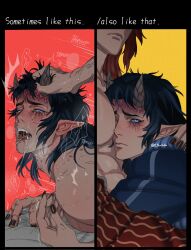 Rule 34 | 2boys, ahegao, aizetsu (kimetsu no yaiba), between pecs, between pectorals, bite mark, bite marks, black nails, blue eyes, blue hair, blue sclera, colored sclera, crying, crying with eyes open, dark blue hair, demon, demon boy, drooling, dual persona, face in chest, fangs, from behind, grabbing another&#039;s hair, hantengu (kimetsu no yaiba), head between pecs, head grab, hickey marks, highres, horns, hugging each other, humor, implied sex, kimetsu no yaiba, long hair male, looking at viewer, male focus, meme, messy, motion lines, multiple boys, multiple images, nail polish, open mouth, p parituhh, pectorals, pointy ears, saliva, sekido (kimetsu no yaiba), selfcest, solo focus, sometimes like this also like that, sweat, tears, veins, yaoi