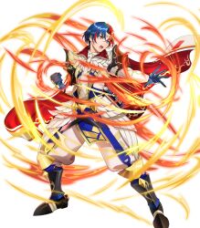 Rule 34 | 1boy, alear (engaging fire) (fire emblem), attack, black footwear, blue eyes, blue gloves, blue hair, cape, circletewhite cape, clenched hand, fire emblem, fire emblem engage, gloves, gold trim, heterochromia, highres, mikurou (nayuta), multicolored cape, multicolored clothes, nintendo, non-web source, official alternate costume, open mouth, pelvic curtain, red cape, red eyes, red hair, scroll, solo, upper body, white cape