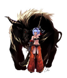 Rule 34 | 1girl, arm up, blue hair, cait aron, capcom, elbow gloves, fighting stance, fur, gloves, hairband, horns, jewelry, kirin (armor), lao-shan lung (armor), midriff, monster, monster hunter (series), navel, necklace, rajang, ready to draw, red eyes, short hair, signature, simple background, solo, standing, tail, weapon