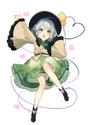 Rule 34 | 1girl, absurdres, ahoge, arm up, black footwear, black hat, blouse, blush, boots, buttons, collared shirt, crystal, floral print, flower, flying, frills, green eyes, green flower, green rose, green skirt, grey hair, hands up, hat, hat ribbon, heart, heart of string, highres, jewelry, jill 07km, komeiji koishi, long sleeves, looking at viewer, open mouth, ribbon, rose, rose print, shirt, short hair, simple background, skirt, solo, third eye, touhou, white background, wide sleeves, yellow ribbon, yellow shirt
