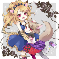 Rule 34 | 2girls, :d, animal ears, asymmetrical clothes, blonde hair, boots, breasts, brown hair, cheetah ears, cheetah tail, citti (show by rock!!), child, commentary request, dress, fang, fennery (show by rock!!), floral background, fox ears, frilled dress, frills, fur-trimmed boots, fur trim, grey background, hand on another&#039;s head, heart, hug, light brown hair, long hair, long sleeves, multicolored hair, multiple girls, nail polish, open mouth, pantyhose, purple footwear, red eyes, red nails, rose background, shirt, short hair, show by rock!!, simple background, skirt, sleeveless, smile, streaked hair, two-tone background, white background, yaku aji