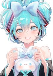 Rule 34 | 1girl, :3, absurdres, aqua eyes, aqua hair, bare shoulders, black sleeves, blue bow, blush, bow, cinnamiku, cinnamoroll, commentary, crossover, grin, hair bow, hair ornament, hatsune miku, highres, k1ruse, looking at viewer, matching outfits, sanrio, shirt, simple background, smile, tied ears, updo, upper body, vocaloid, white background, white shirt