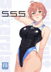 Rule 34 | 1girl, ahoge, black one-piece swimsuit, braid, breasts, commentary request, competition swimsuit, cover, covered navel, cowboy shot, green eyes, highleg, highleg swimsuit, highres, humiyou, idolmaster, idolmaster million live!, large breasts, light brown hair, looking at viewer, one-piece swimsuit, sakuramori kaori, short hair, solo, swimsuit, wet, wet clothes, wet swimsuit