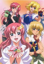 Rule 34 | 00s, 4girls, blonde hair, cagalli yula athha, gift, gundam, gundam seed, gundam seed destiny, hair ornament, holding, holding gift, lacus clyne, meer campbell, multiple girls, official art, star (symbol), star hair ornament, stellar loussier, valentine