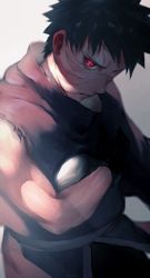 Rule 34 | 1boy, absurdres, artist name, bare arms, black gloves, black hair, brown cloak, cloak, commentary request, frown, gloves, gradient background, grey background, highres, ibuo (ibukht1015), looking at viewer, male focus, naruto, naruto (series), ninja, red eyes, rinnegan, sharingan, short hair, solo, uchiha obito, wrinkled skin