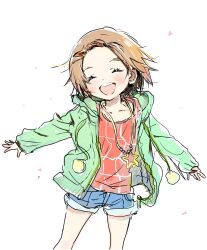 Rule 34 | 1girl, bad id, bad twitter id, blush, brown hair, closed eyes, feet out of frame, hair ornament, hairclip, highres, hood, hooded jacket, idolmaster, idolmaster cinderella girls, jacket, jewelry, necklace, open clothes, open jacket, open mouth, pom pom (clothes), ryuzaki kaoru, short hair, shorts, simple background, sketch, smile, solo, star (symbol), star necklace, teeth, tsurumai kada, upper teeth only, white background