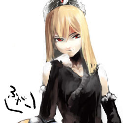 Rule 34 | 00s, 1girl, black dress, blonde hair, crown, dress, elbow gloves, gloves, hat, hime (kaibutsu oujo), kaibutsu oujo, long hair, looking at viewer, red eyes, smile, solo, tiara, u (the unko), white background