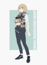 Rule 34 | 1girl, absurdres, black footwear, black pants, blonde hair, blue background, camouflage, closed mouth, commentary request, full body, grey background, grey eyes, hair between eyes, highres, holster, long sleeves, looking at viewer, magazine (weapon), original, pants, bulletproof vest, radio, shirt, shoes, short hair, solo, soutou nagi, standing, thigh holster, two-tone background, white shirt