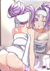 Rule 34 | 1girl, absurdres, alternate hairstyle, ass, breasts, cleavage, commentary request, from behind, hair bun, hair up, hatsuharu (kancolle), highres, kantai collection, large breasts, leaning forward, looking at mirror, matsurika (harusutain), mirror, naked towel, nude, one eye closed, parted lips, purple eyes, purple hair, reflection, signature, single hair bun, sink, solo, towel, wet, white towel