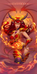 Rule 34 | 1girl, alexstrasza, artofcarmen, bikini, boots, carmen torres, detached collar, dragon girl, fire, gauntlets, highres, horns, lips, long hair, red hair, resolution mismatch, see-through, solo, source smaller, swimsuit, thigh boots, thighhighs, warcraft, wings, yellow eyes