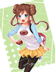 Rule 34 | 1girl, :o, black pantyhose, blue eyes, blue sleeves, blush, brown hair, creatures (company), double bun, floating hair, game freak, hair between eyes, hair bun, highres, holding, holding poke ball, leg up, long hair, long sleeves, looking at viewer, miniskirt, nintendo, open mouth, pantyhose, pleated skirt, poke ball, poke ball (basic), poke ball print, pokemon, pokemon bw2, print shirt, quowinter, rosa (pokemon), shirt, shoes, signature, skirt, sneakers, solo, standing, standing on one leg, white shirt, yellow skirt