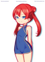 Rule 34 | 1girl, arms behind back, blue dress, blue eyes, china dress, chinese clothes, double bun, drantyno, dress, fei (drantyno), flat chest, hair bun, highres, long hair, looking at viewer, red hair, sleeveless, sleeveless dress, smile, standing, twintails, white background